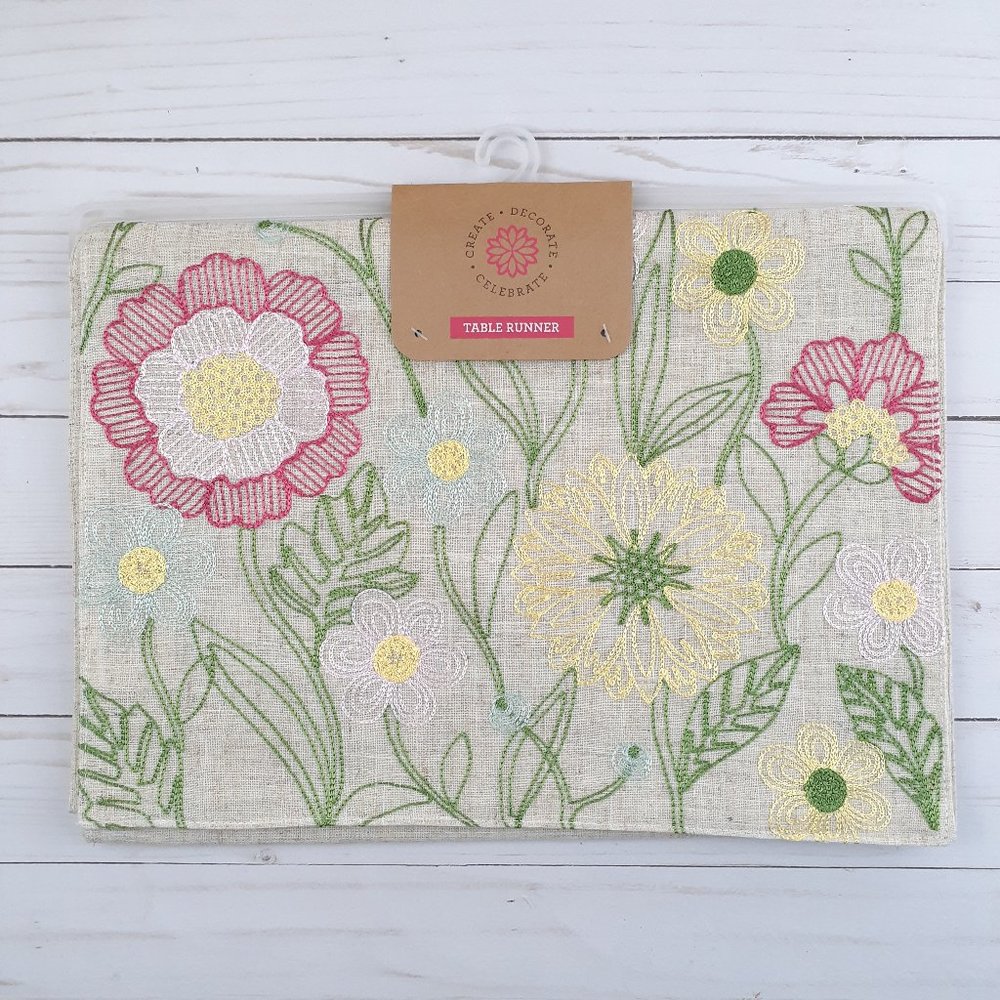 Embroidered Table Runner Flower Garden Floral 14x70